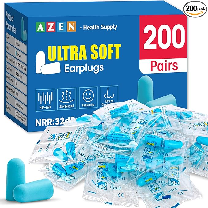 AZEN 200 Pairs Ear Plugs, NRR 32dB Soft Foam Ear Plugs for Sleeping Noise Cancelling, Earplugs for Concerts Shooting Swimming Noise Reduction,Individually Wrapped (Lake Blue)