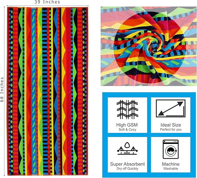 COTTON CRAFT Oversized Beach Towel - 2 Pack XL 39 x 68 inches Big & Huge Beach Blanket Towel - 100% Cotton Jacquard Velour - Super Soft Luxury - Pool Picnic Bath - Cozumel Red Blue Yellow