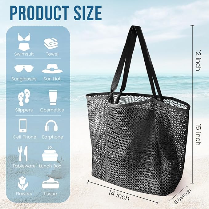 HOHOM Beach Bags for Women, Summer Travel Mesh Tote Bag with Large Inner Pocket, Sandproof Woven Shoulder Handbag