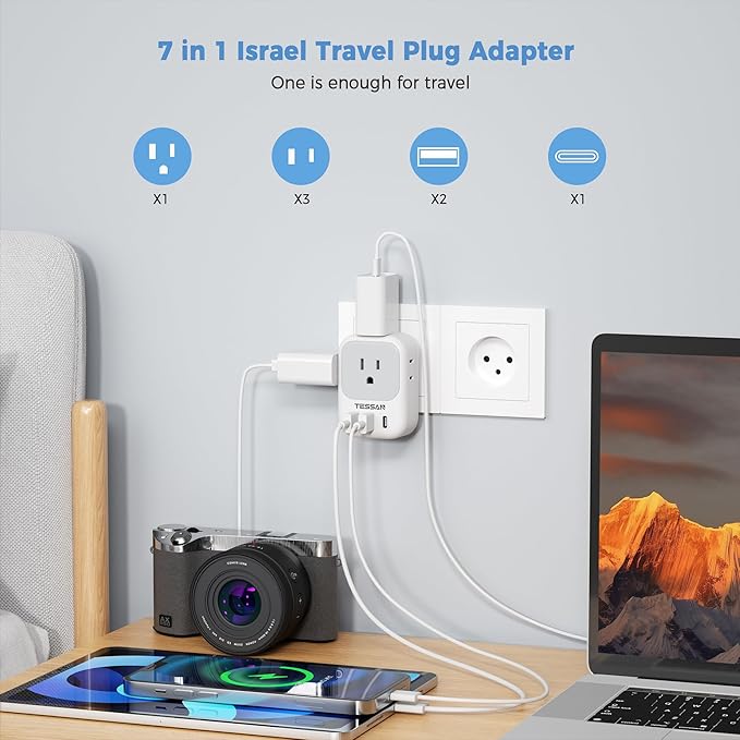 TESSAN Israel Power Adapter, US to Israel Plug Adapter with 4 American Outlets 3 USB Charger (1 USB C Port), Type H Travel Adaptor for USA to Jerusalem