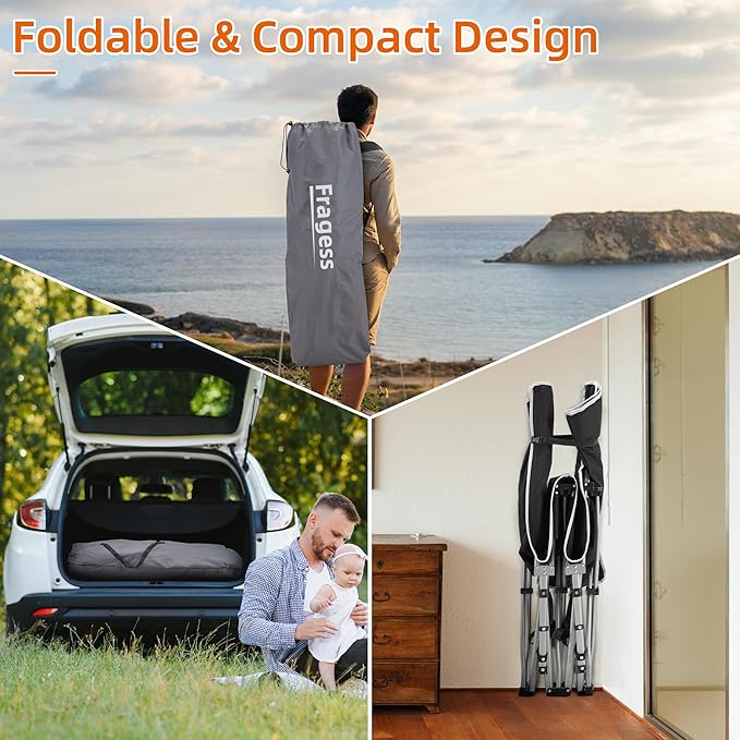 Fragess Portable Camping Cot, Sleeping Cots for Adults, 28" Extra Wide Folding Cot Max Load 600LBS with Thick Mattress, Portable Camping Bed for Outdoor Camp/Office, Home Nap (Black+Grey)