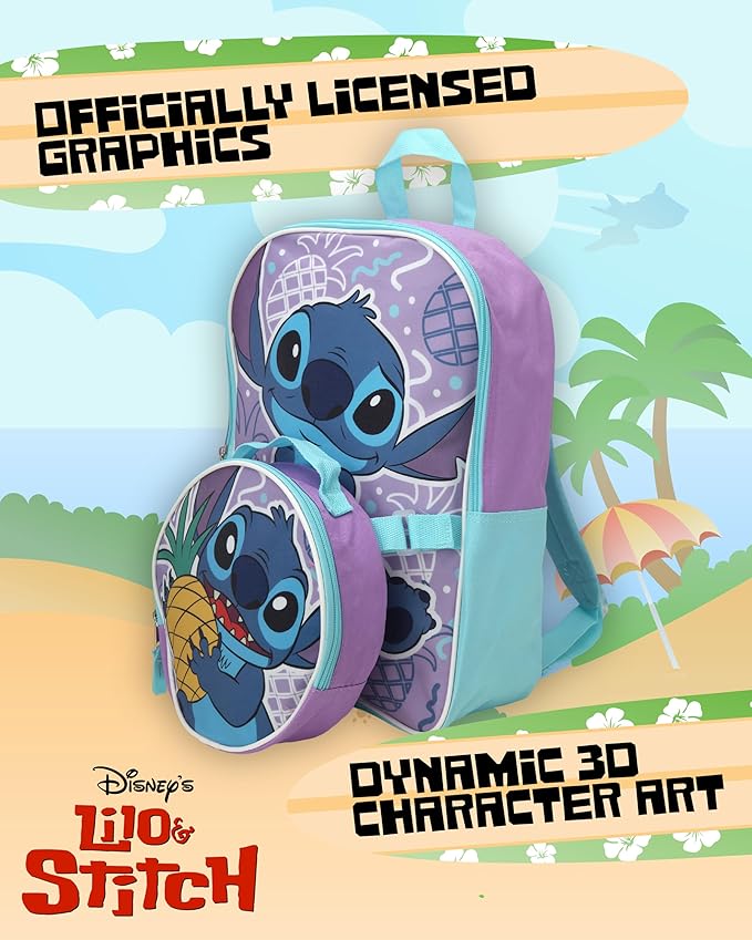 Fast Forward Stitch Kids Backpack and Lunch Box Set - 2 Piece 15 Inch School Backpack With Detachable Lunch Bag Set, Stitch Purple Pineapple