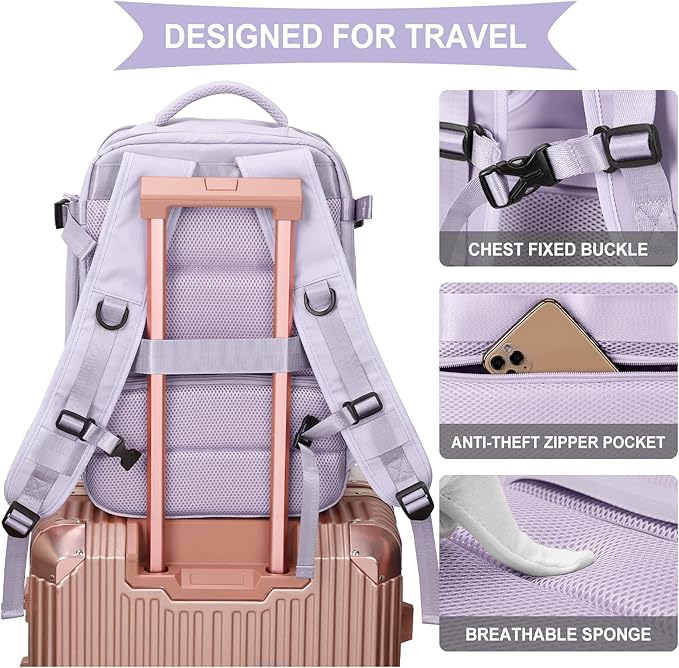 WONHOX Large Travel Backpack Women, Carry On Backpack,Hiking Backpack Waterproof Outdoor Sports Rucksack Casual Daypack with USB Charging Port Shoes Compartment, Purple