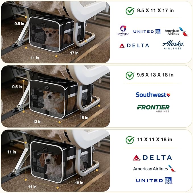 Lekereise Top-Expandable Pet Carrier 18x11x11Inch Delta American United Airline Approved Soft Sided Underseat to 15lbs Travel Carriers for Small Dogs Cats with Locking Safety Zippers Anti-Scratch Mesh