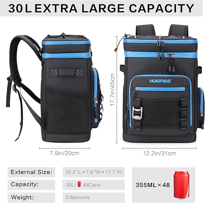 Hulongo Large Waterproof Insulated Cooler Backpack for Men & Women, Leak Proof Cooler Backpack for Camping, Beach, Fishing, Picnic, Travel, Outdoor, 30L, 48Cans