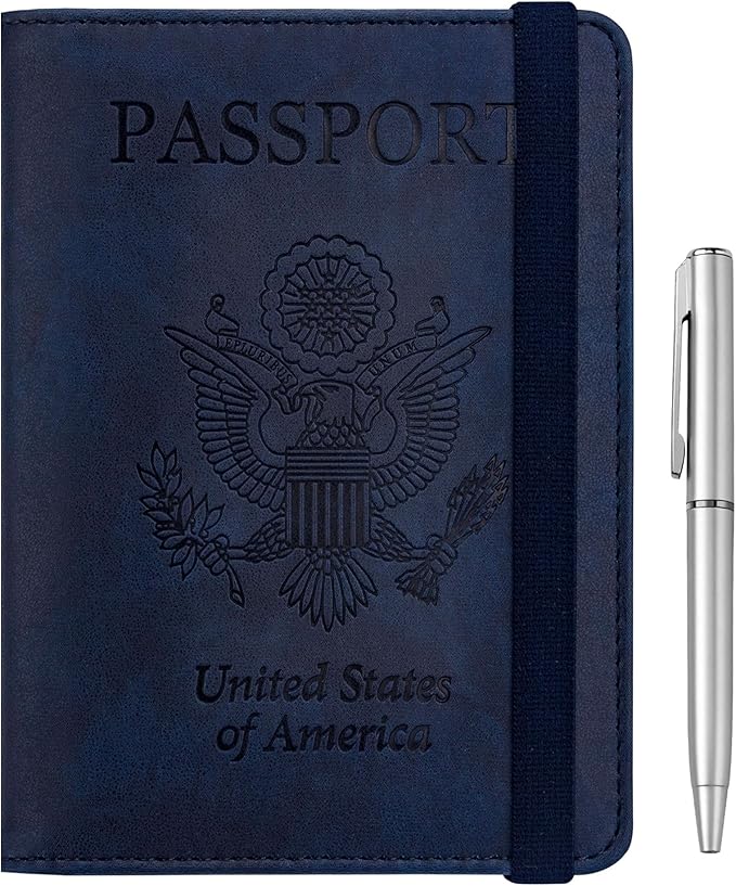 WALNEW Passport Holder for Travel, RFID Passport Cover Wallet for Women Men, PU Leather Passport Book Card Holder Case with Pen (Elastic Band Closure, A-Navy Blue)