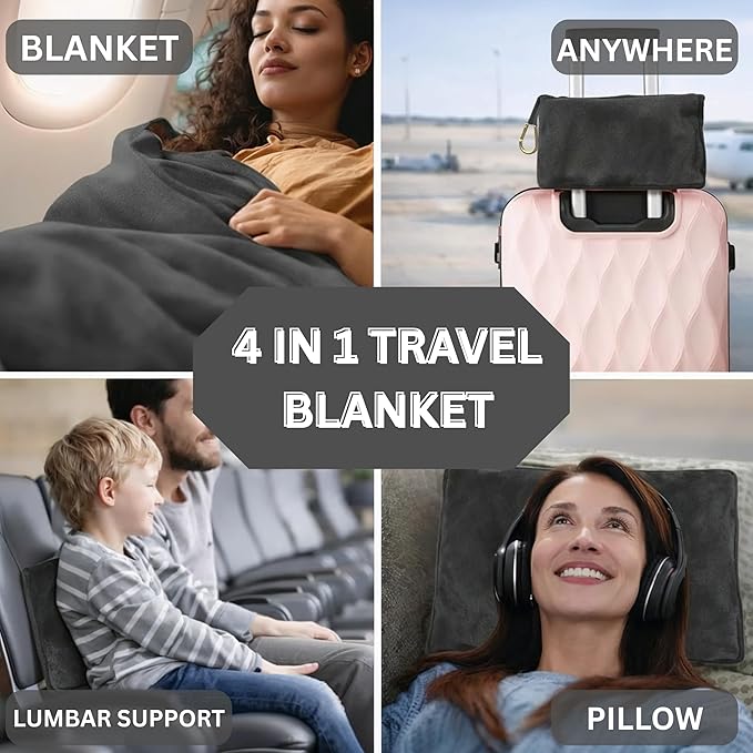 Travel Blanket and Pillow Compact – 4-in-1 Soft Fleece Airplane Blanket with Bag Pillowcase, Neck Pillow, Eye Mask & Earplugs, Lightweight Portable Flight Blanket 60"x43" (Grey)