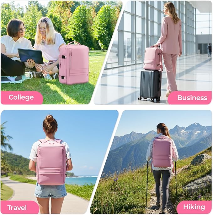 Rcrirth Travel Backpack for Women | Expandable Carry On Backpack with 17.3 Inch Laptop Compartment - Personal Item Travel Bags for Women Nurse Work Bag for Traveling Weekender Business College - Pink