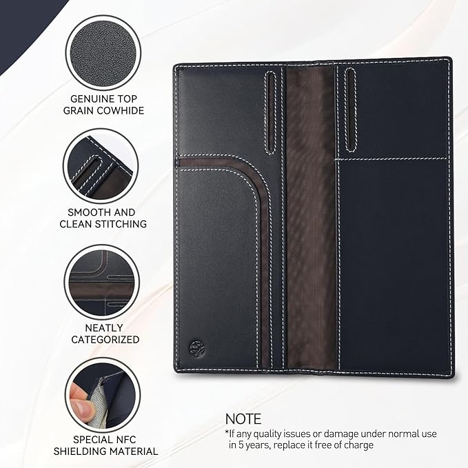 RFID Blocking Leather Passport Wallet for Travel – Slim Document Organizer with AirTag Slot, Card & Cash Holder for Men (Blue)
