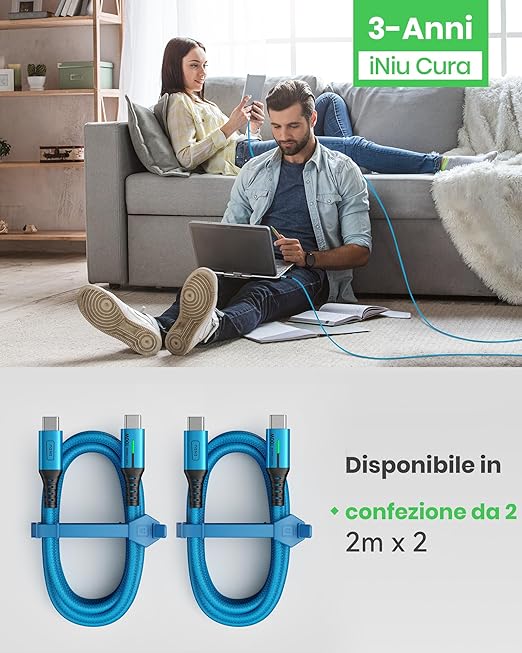 INIU 100W USB-C Cable, [6.6ft, Blue] 2-Pack USB C Cable to USB C Fast Charging Cord, Braided Type C Charger Cable for iPhone 17 16 15 Pro Max Samsung S25 S24 Laptops MacBook iPad Air Switch etc.