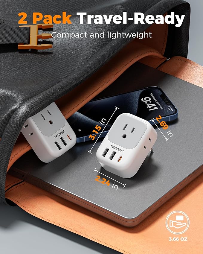 Italy Travel Plug Adapter 2 Pack, TESSAN Italy Power Adaptor with 4 Outlets 3 USB Charger(1 USB C PD 20W), Type L Adapter for US to Chile Libya Syria Tunisia Uruguay