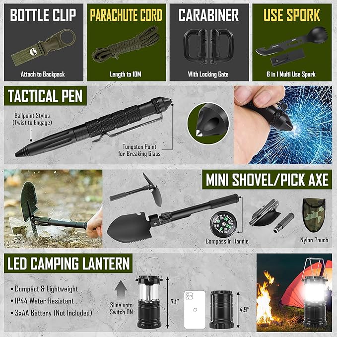 Survival Kit, 268 Pcs Emergency Survival Gear and Equipment Supplies with First Aid Kit, Camping Axe, Headlamp, Crossbody Bag for Camping Hiking, Hunting, Gift for Christmas Men, Dads, Black