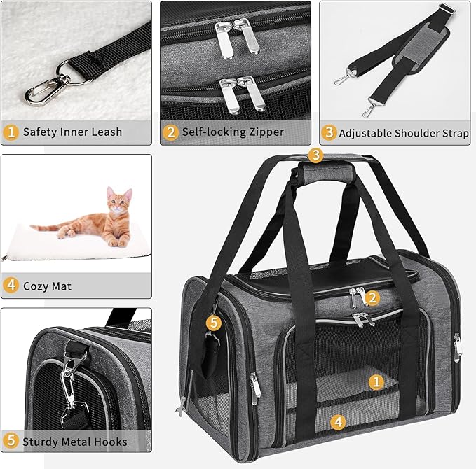 Soft-Sided Cat/Dog/Pet Carrier, Collapsible Pets Travel Carriers for Big Cats/Small Dogs with Shoulder Strap & Removable Mat, Mesh Puppy Carry Bag, Up to 25 Lbs (Dark Grey)