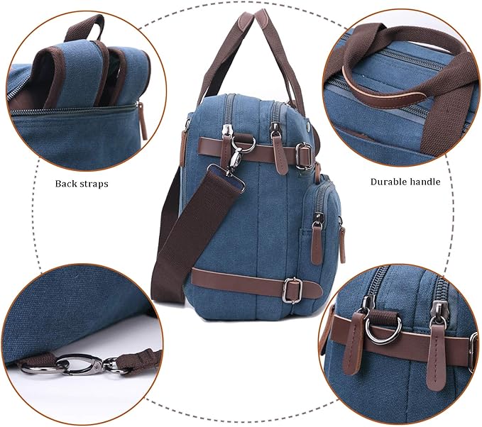 CROCOD 3 In 1 Canvas Convertible Laptop Bag for Men Women, 17.3 inch Laptop Messenger Bag Work Briefcase, Computer Shoulder Bag for Travel Business Office (17.3 Inch, Blue) | 3 In 1, Multi-pocket