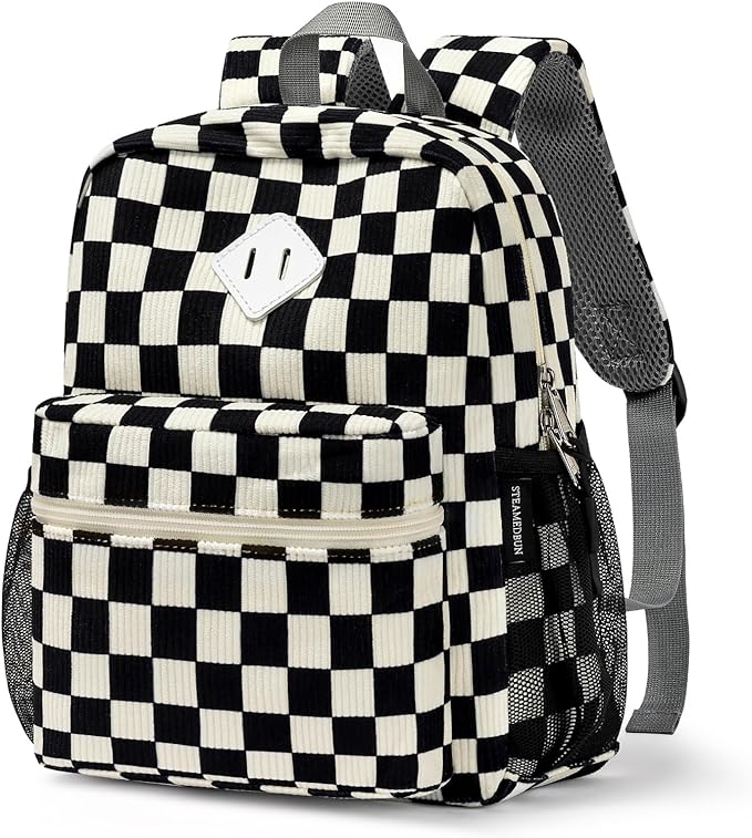 STEAMEDBUN Corduroy Toddler Backpack for Boys Girls 2-4, Kids Preschool Backpack for Kindergarten - Checkered