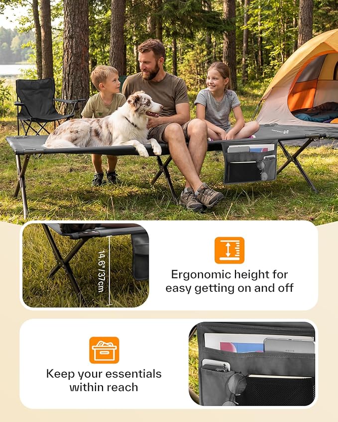 Sportneer Camping Cot, 78.3"x28.7"x14.6" Sturdy 6-Leg Foldable Guest Bed for Adults with Storage Bag & Side Pocket, Compact Portable Design 330 LBS Support