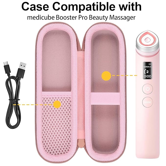 Hard Carrying Case for medicube Booster Pro 6-in-1 Real Glass Glow Beauty Massager, Shockproof EVA Storage Organizer with Mesh Pocket, Portable Travel Case, Pink