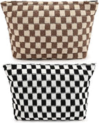 SOIDRAM 2 Pieces Makeup Bag Large Checkered Cosmetic Bag Capacity Canvas Travel Toiletry Bag Organizer Cute Makeup Brushes Aesthetic Accessories Storage Bag for Women, Checkered L Black Brown