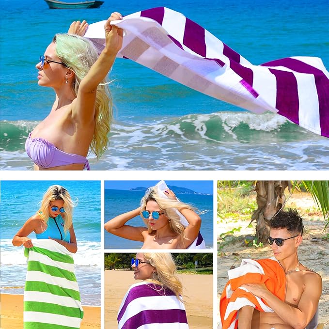 Exclusivo Mezcla 4 Pack Cotton Oversized 35x70 Inches Soft Cabana Stripe Thick Beach Towel, Super Absorbent Travel Bath Pool Towel (Purple)
