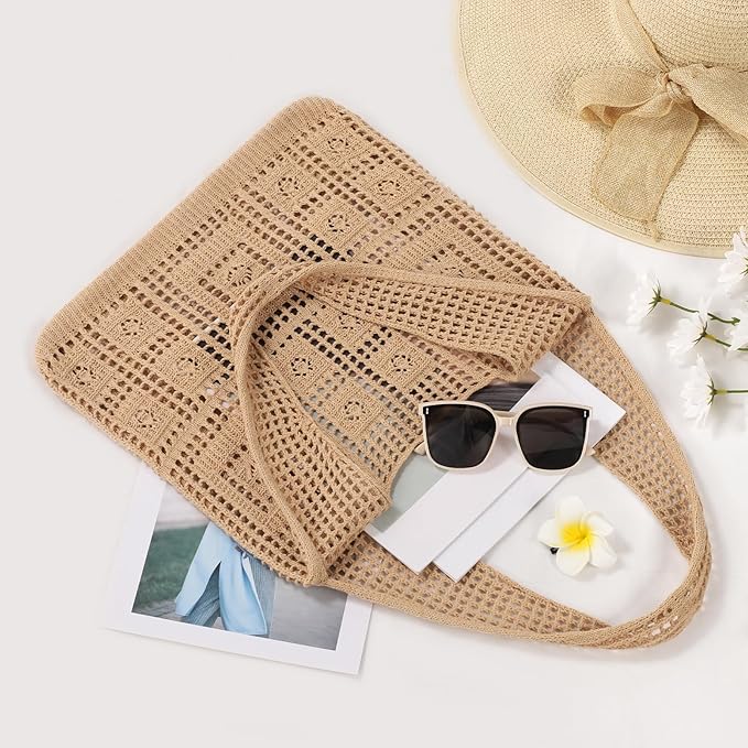 WantGor Crochet Bags, Beach Mesh Tote Bag Womens Shoulder Shopping Handbag Casual Travel Totes Bag Foldable Hobo Bags