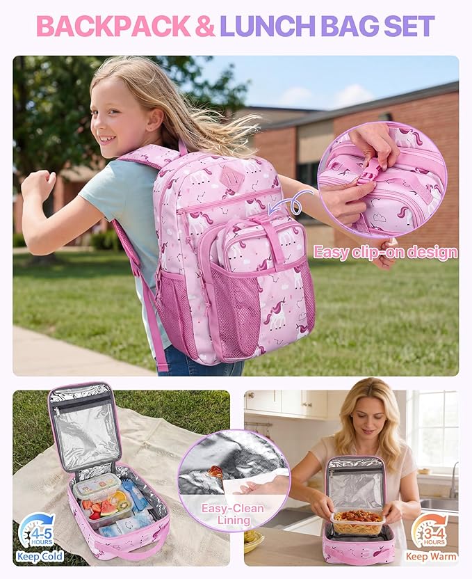 VASCHY Girl Kids Backpack & Lunch Bag Set, 2-in-1 School Bookbag with Insulated Lunch Box for Preschool, Daycare, Kindergarten & Elementary School – Pink Unicorn