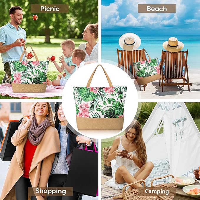 Trifabricy Beach Bag for Women, Large Beach Tote Bags with Zipper, Woven Straw Tote Waterproof, Swim Gym Shopping Travel Bag