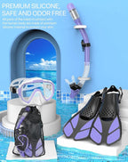 Ubekezele Snorkeling Gear for Adults Men Women,4 in 1 Snorkel Set with Panoramic View Diving Mask Anti-Fog Anti-Leak,Dry Top Snorkel,Fins and Travel Bag for Swimming,Snorkeling and Travel Diving