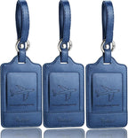 3 Pack Luggage Tags - Quick Install, Privacy Protection, Airplane Travel Essentials for Suitcases, Durable Leather - Blue