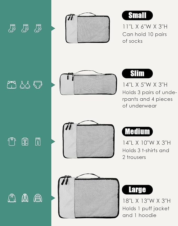 WTREE 4-Piece Packing Cubes Travel Accessories Set for Suitcases - Luggage Organizer Bags with Double Zipper - Mesh Top - Small/Medium/Large/Slim - Beige