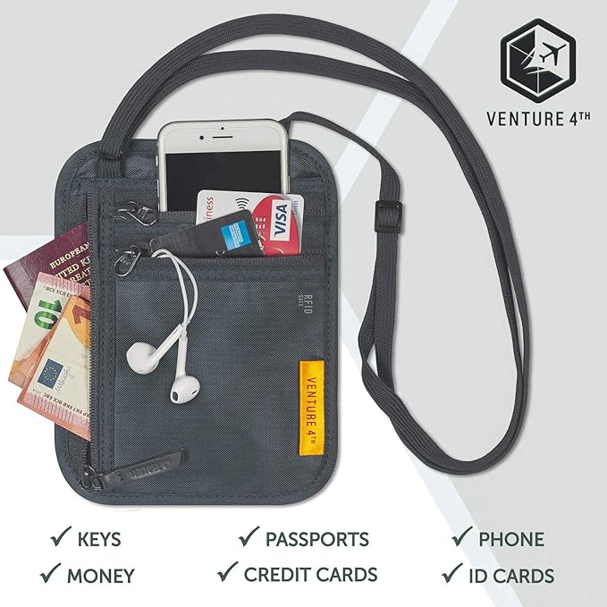 VENTURE 4TH Slim Passport Holder Neck Pouch with RFID Blocking Travel Neck Wallet and a Nylon Lining (Gray)