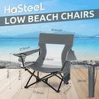 HaSteeL Folding Beach Chair Set of 2, Foldable Grey Camping Chairs for Outside, Low Beach Chair Portable for Adults Fishing, Picnic, Outdoor BBQ, Travel, Sports, Cup Holder & Storage Bag