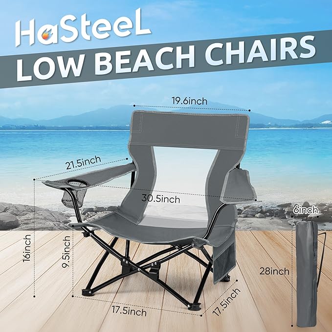 HaSteeL Folding Beach Chair Set of 2, Foldable Grey Camping Chairs for Outside, Low Beach Chair Portable for Adults Fishing, Picnic, Outdoor BBQ, Travel, Sports, Cup Holder & Storage Bag