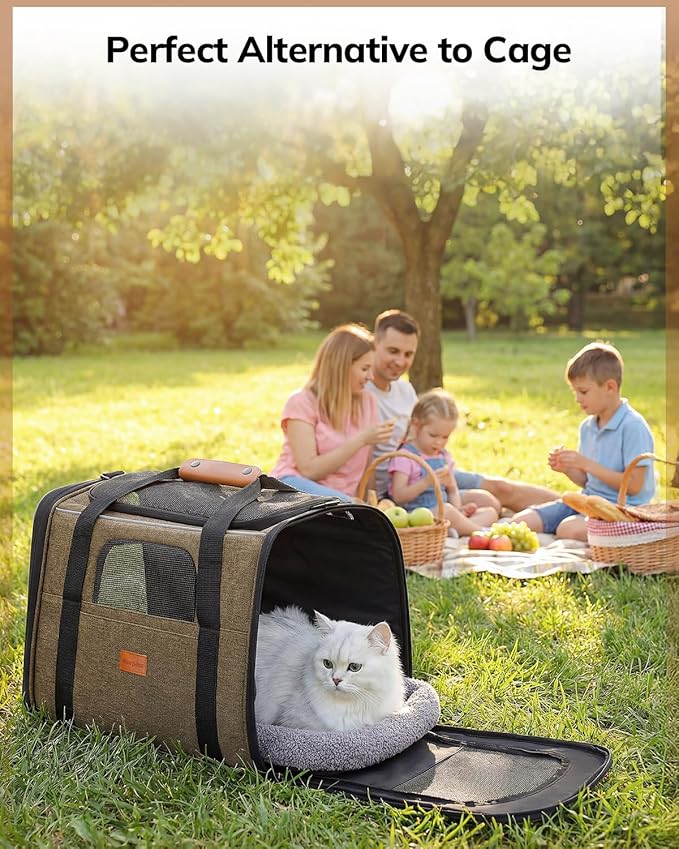 Morpilot Cat Carrier - Cat Carrier Soft for Medium or Large Cats up to 20lbs, with Dual-Sided Cushion, Secure Buckle and Foldable Bowl, Dog Carriers for Small Dogs - Pet Carrier (Brown)