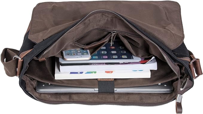 Vintage Genuine Leather Waxed Canvas Briefcase Large Satchel Shoulder Bag Rugged Computer 15.6" Laptop Bag