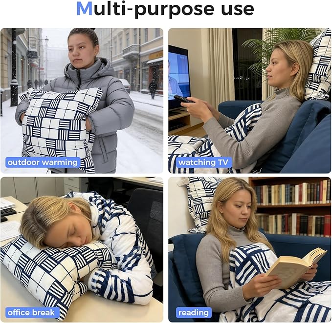 3 in 1 Travel Pillow Blanket Set with Removable Flannel Blanket Throw,Hand Warmer Pockets,Pillow (Color1, 60in*79in)