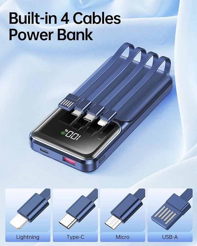 RONEGN Portable Charger with Built in Cable -20000mAh Fast Charging Power Bank USB C Slim 22.5W LED Display Battery Pack 5 Outputs & 3 Inputs for Travel Essentials iPhone Samsung Phones Blue