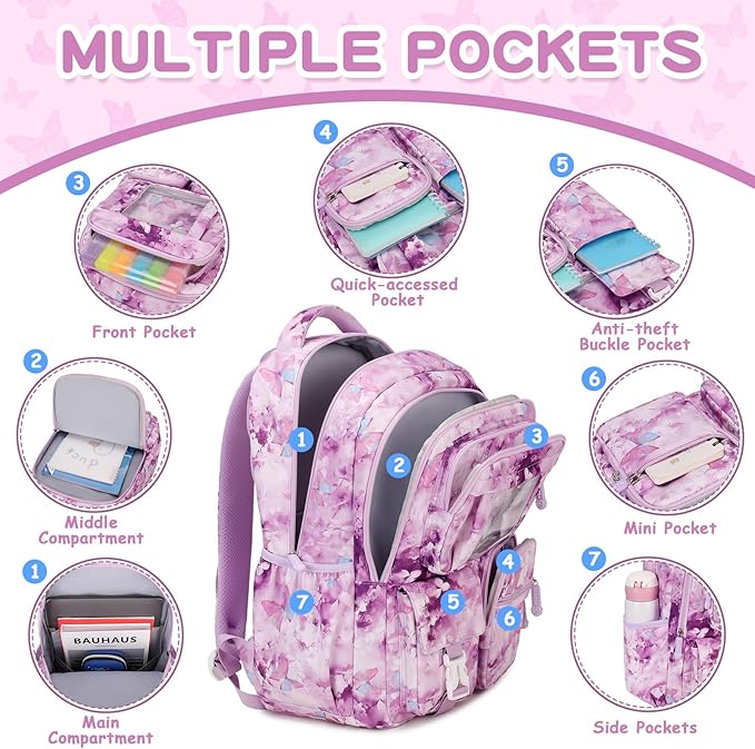 PIG PIG GIRL Kids Backpack for Girls School Bags for Middle School Students Book Bag for Elementary Primary Kawaii Ita Backpack, Purple Butterfly