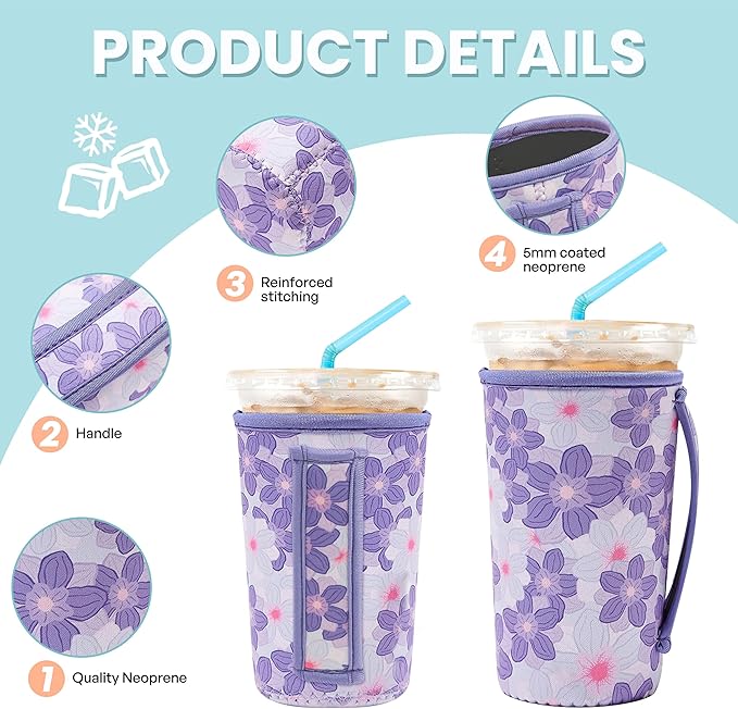KJQJLY 3 Pack Reusable Iced Coffee Sleeves for Iced Coffee Cups or Drinks Reusable Neoprene Insulated Sleeves for Hot and Cold Drinks from Starbucks, Dunkin, And More (Little Purple Flowers)