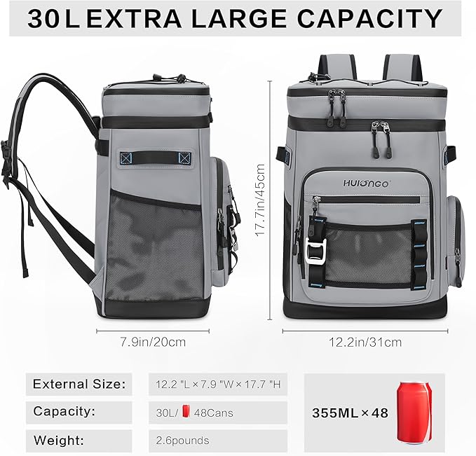 Hulongo Large Waterproof Insulated Cooler Backpack for Men & Women, Leak Proof Cooler Backpack for Camping, Beach, Fishing, Picnic, Travel, Outdoor, 30L, 48Cans