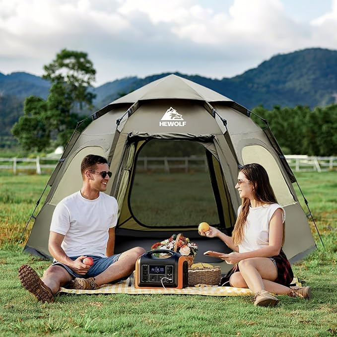 Hewolf 2/3/4 Person Camping Tent - Instant Pop Up Waterproof 2 Doors Tent with Easy Setup | 3-Season Hexagonal Dome Design for Family, Hiking & Traveling