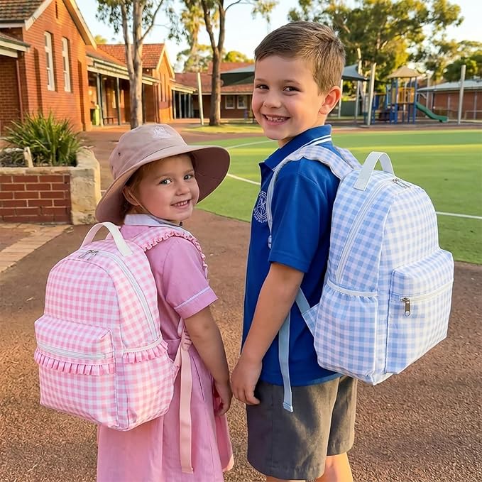 DYSHAYEN Gingham Kids Backpack,15 Inch School Backpack for Girls Boys,Kindergarten Large Bookbag Age 5-8 for Birthday Gifts School Overnight (Pink)