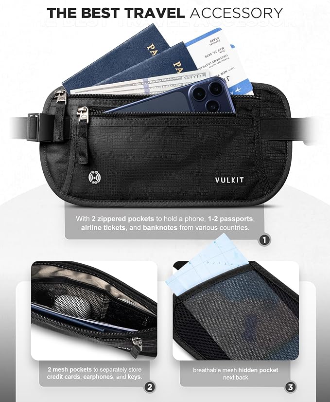 VULKIT Money Belt for Travel, Hidden Passport Holder, Anti-Theft Travel Wallet Under Clothes, RFID Blocking Waist Pouch, Undercover Fanny Pack, Carbon Black