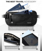 VULKIT Money Belt for Travel, Hidden Passport Holder, Anti-Theft Travel Wallet Under Clothes, RFID Blocking Waist Pouch, Undercover Fanny Pack, Carbon Black