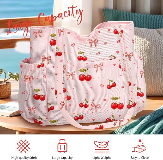 Corduroy Tote Bag for Women,Large Capacity Cute Tote Bags With 6 Pockets,Crossbody Shoulder Handbag for Work Travel Gym
