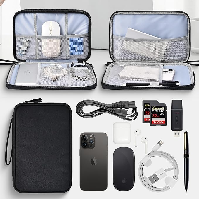 CAAORDKSO Electronics Travel Organizer, Electronic Accessories Carry Case Waterproof Double Layers Storage Bag Travel Essentials for Cord, Cable, Charger, USB, Power Bank, Earphone (Black, X-Large)