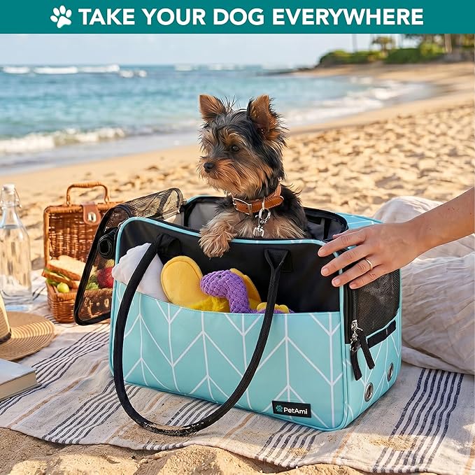 PetAmi Dog Purse Carrier for Small Dogs Cats, TSA Airline Approved Soft-Sided Pet Carrier with Pockets, Ventilated Travel Tote Bag with Bed & Shoulder Strap, Puppy Kitten, Max 12 lbs, Chevron Teal