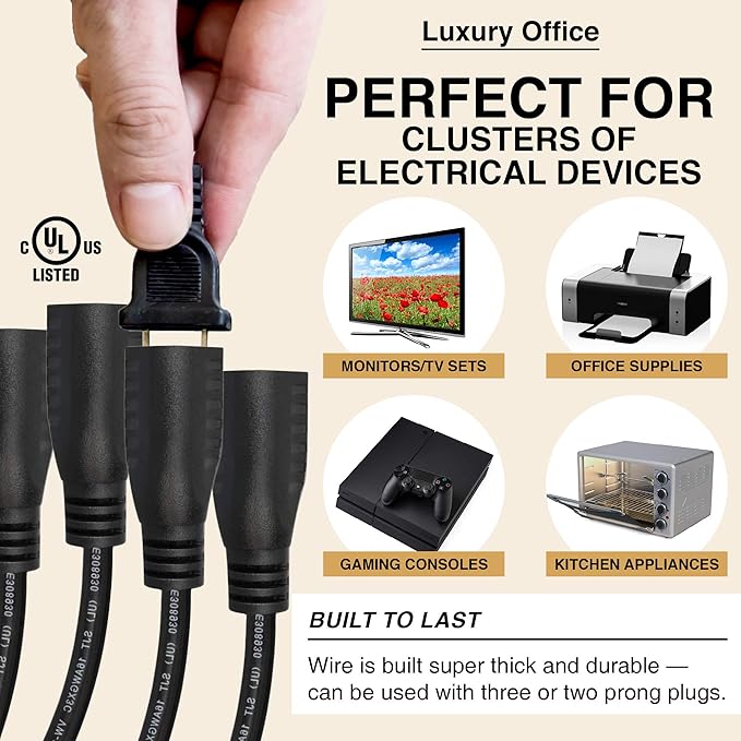 4 Way Power Splitter - 1 to 4 Extension Cord Splitter, 6' Long Extension Cord, Outlet Splitter 3 Prong, Power Strip Outlet Plug, Y Style Extension Cord, Black, SJT 16 AWG by Luxury Office