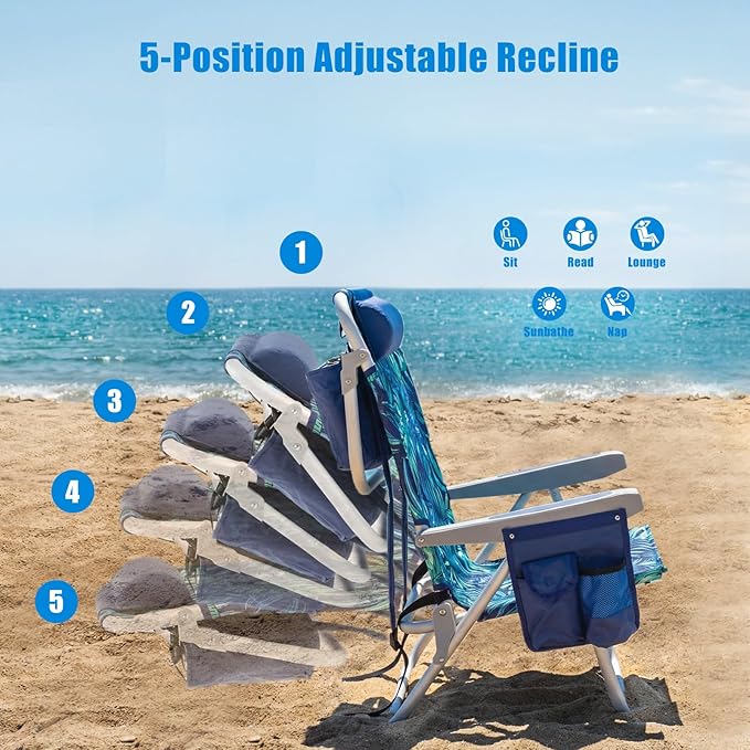 SUNNYFEEL Low Beach Chair, 5-Position Lay Flat Reclining, Backpack Portable Folding Chair with Cooler Bag & Cup Holder, Heavy Duty 350 LBS, Compact for Beach, Camping, Travel