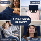Travel Blanket and Pillow Compact – 4-in-1 Soft Fleece Airplane Blanket with Bag Pillowcase, Neck Pillow, Eye Mask & Earplugs, Lightweight Portable Flight Blanket 60"x43" (Navy)
