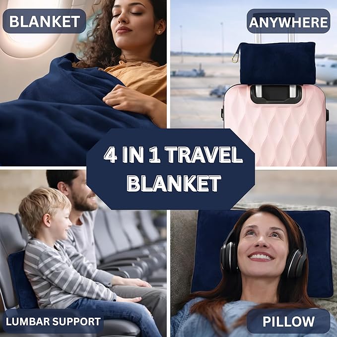 Travel Blanket and Pillow Compact – 4-in-1 Soft Fleece Airplane Blanket with Bag Pillowcase, Neck Pillow, Eye Mask & Earplugs, Lightweight Portable Flight Blanket 60"x43" (Navy)